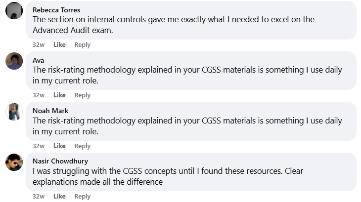 Facebook testimonial screenshot praising CAMSEXAM study materials.