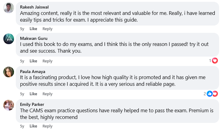 Facebook comment thread showing positive feedback about CAMSEXAM exam prep.
