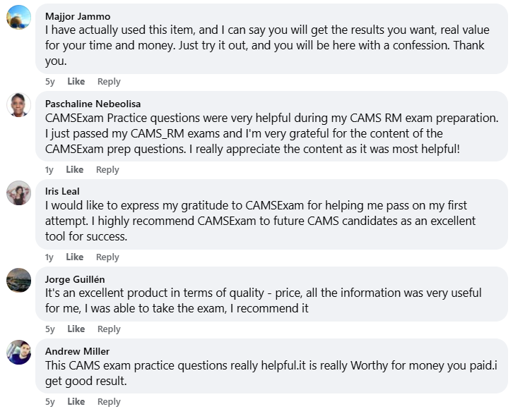 Facebook testimonial screenshot from a candidate discussing CAMSEXAM support.