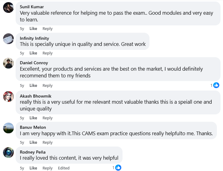 Facebook testimonial screenshot about passing with CAMSEXAM practice questions.