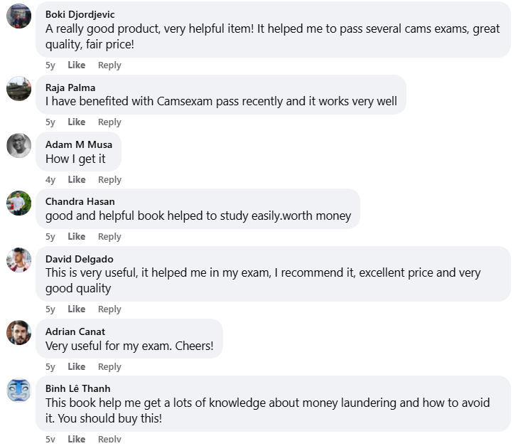 Facebook testimonial screenshot highlighting CAMSEXAM explanations and study flow.