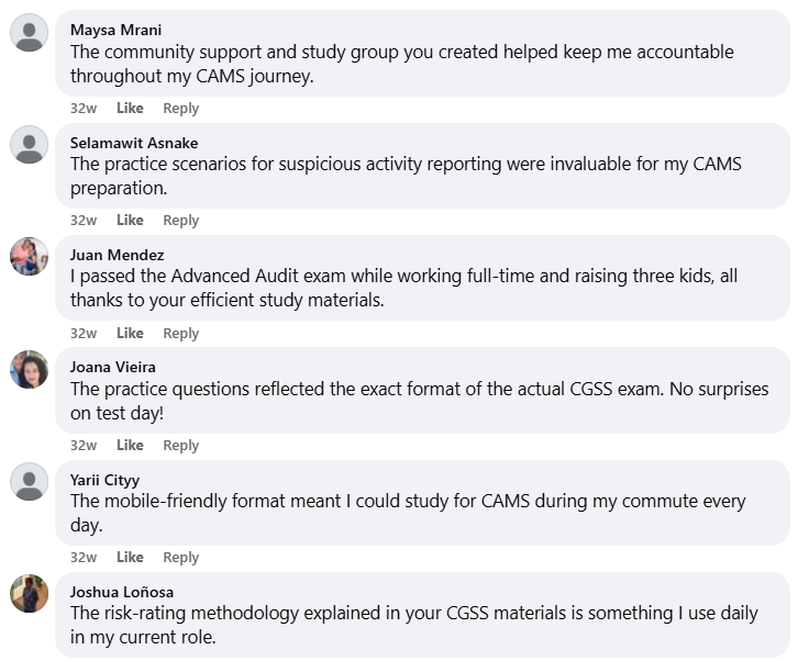Facebook testimonial screenshot recommending CAMSEXAM resources for exam prep.