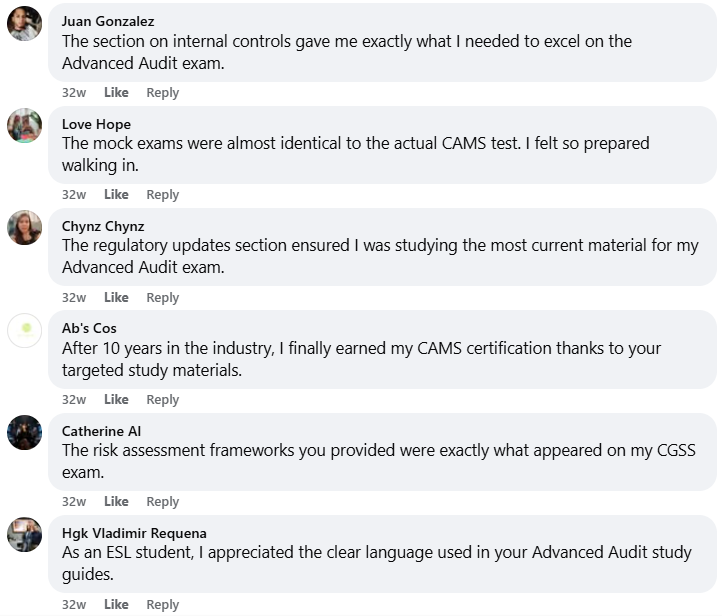 Facebook testimonial screenshot from a successful CAMS candidate using CAMSEXAM.