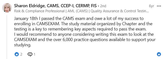LinkedIn post from a CAMS candidate crediting CAMSEXAM for helping them pass.